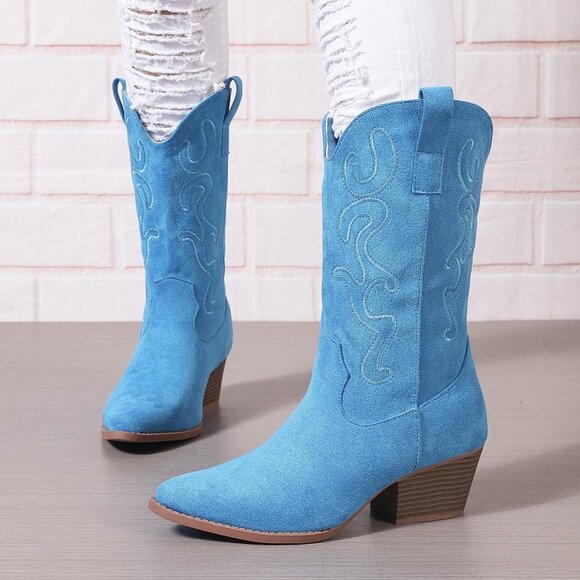 Women Light-blue Suede Mid Calf Chunky Block Heel Western Embroidered Boot - Picture 7 of 7